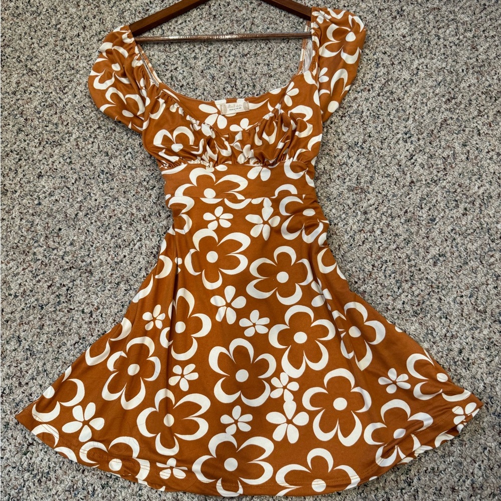 Altar'd State Brown and White Puff Sleeve Sundress